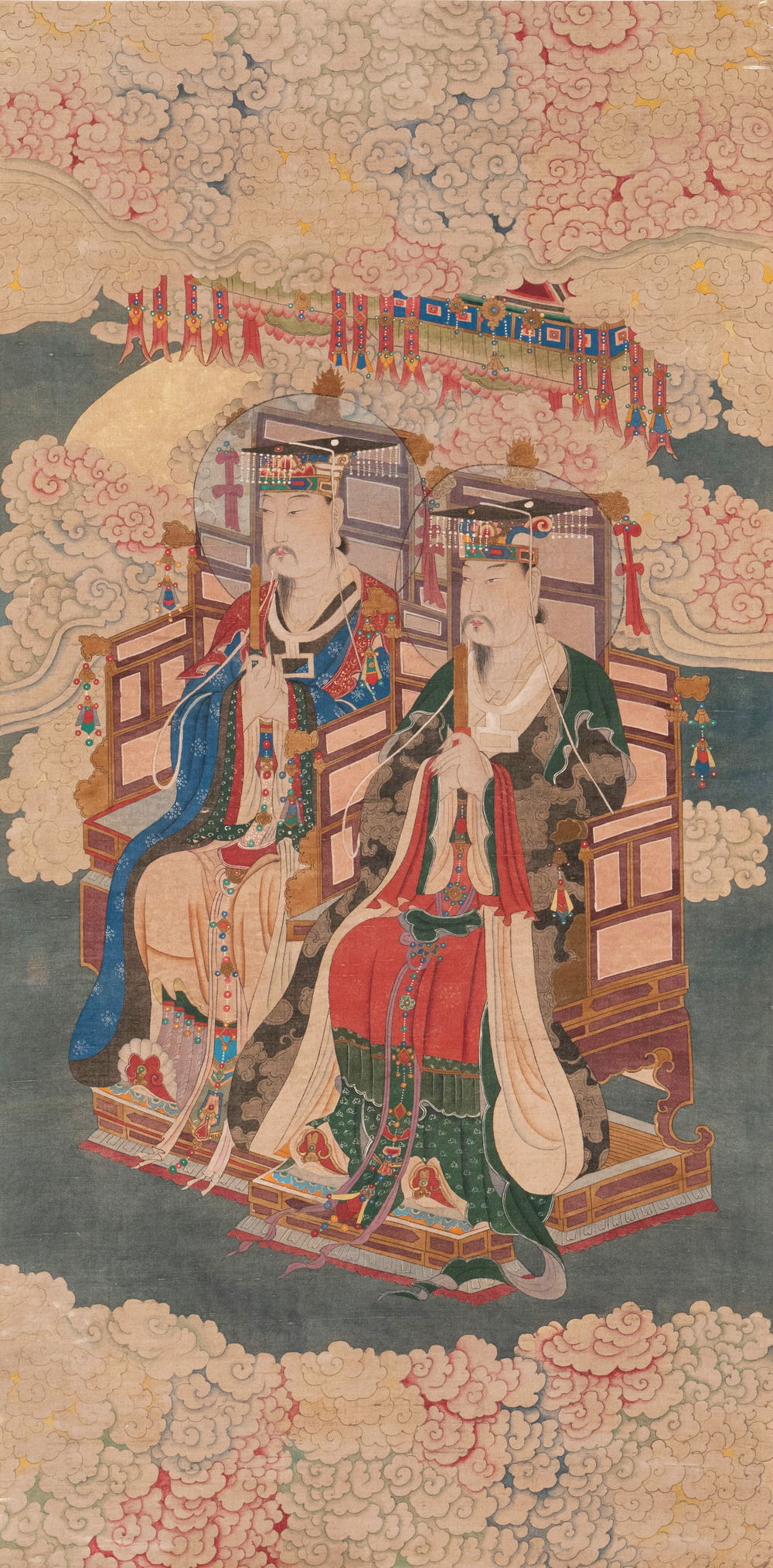 Chinese school: 'Deities in heaven', ink and colour on silk, Qing