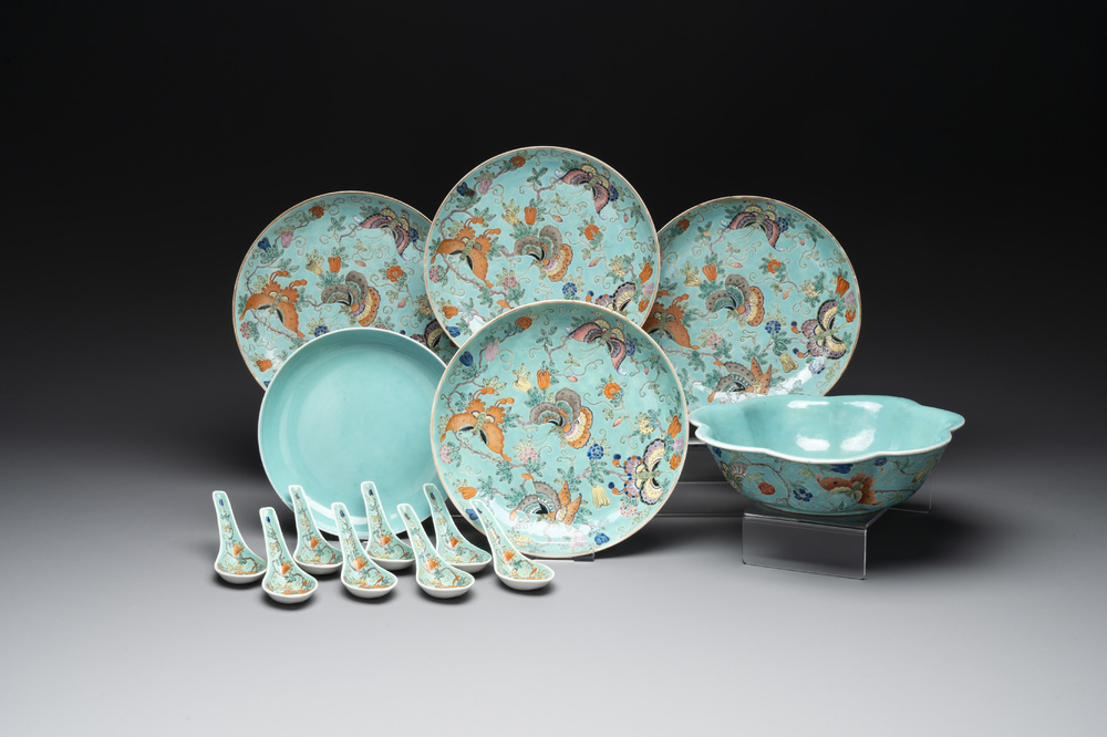 A set of 14 Chinese turquoise-ground famille rose dinner service, Qianglong mark, 19th C.