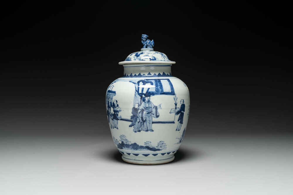 A Chinese blue and white 'Jia Guan Jin Jue 加官晉爵' vase and cover, Transitional period