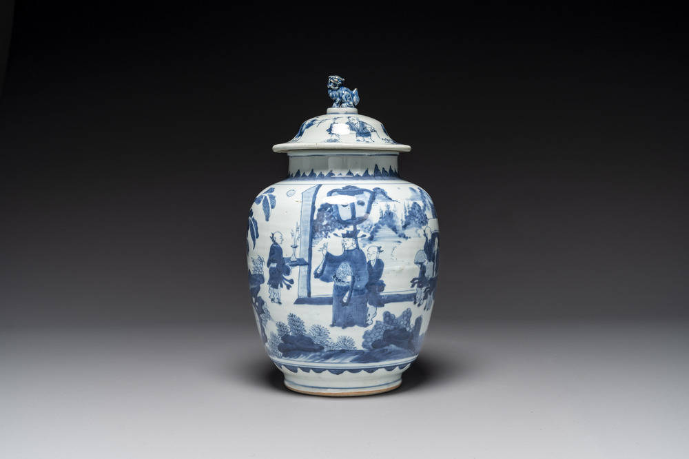 A Chinese blue and white 'Jia Guan Jin Jue 加官晉爵' vase and cover, Transitional period