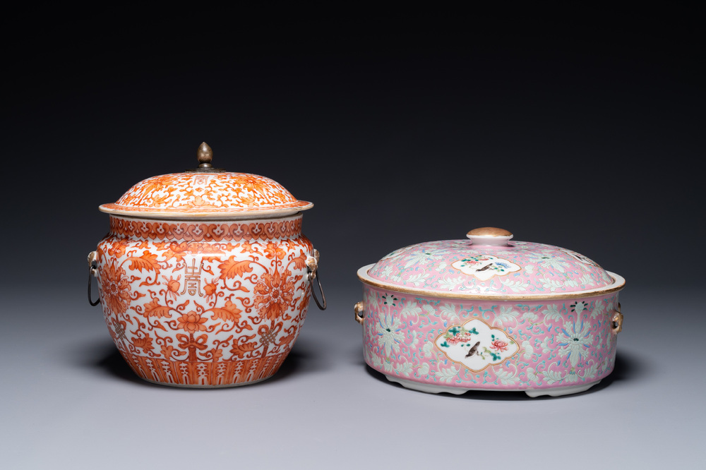 A Chinese iron-red-decorated covered bowl and a famille rose covered bowl, 19th C.