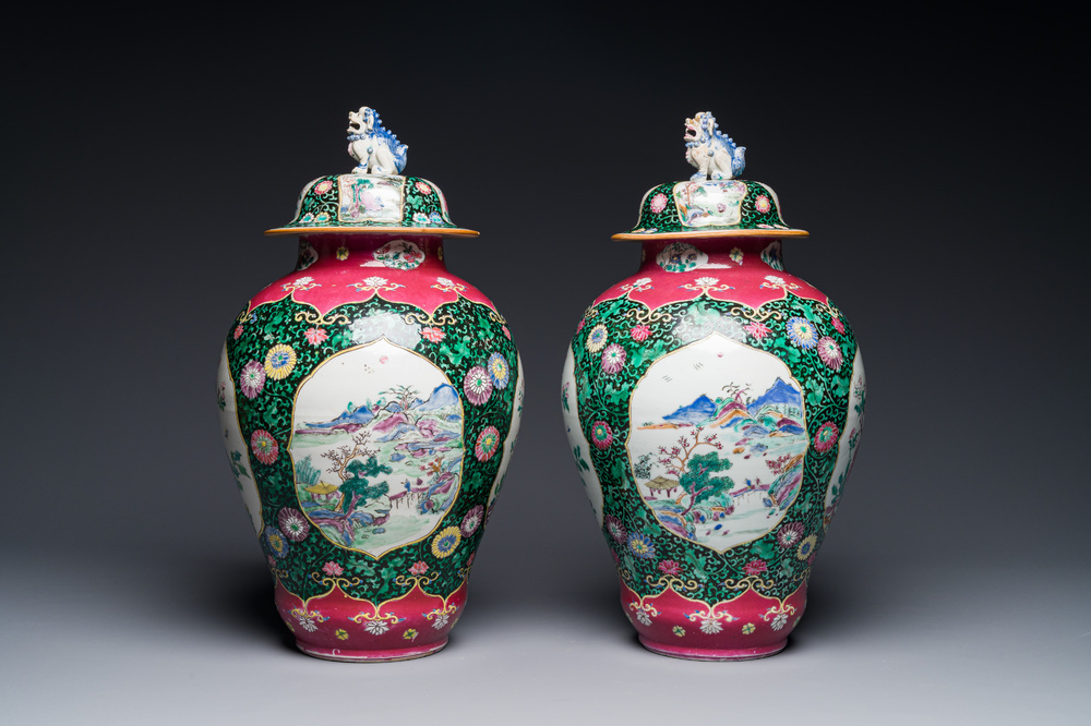 A pair of Chinese famille rose black-ground jars and covers with mountainous landscape design, Yongzheng
