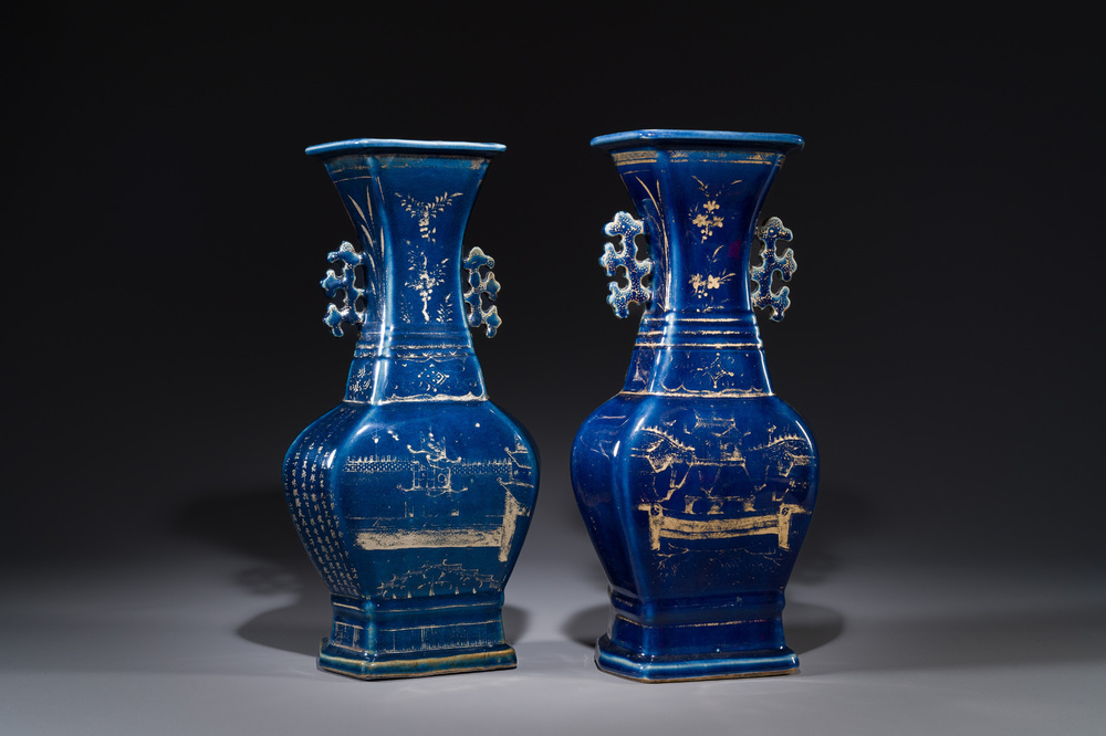 A pair of Chinese gilt-decorated powder-blue vases, Qianlong