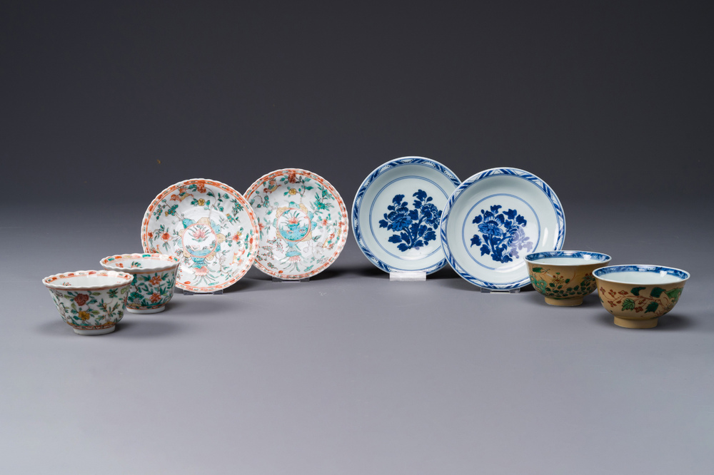 Two pairs of Chinese famille verte cups and saucers, Kangxi