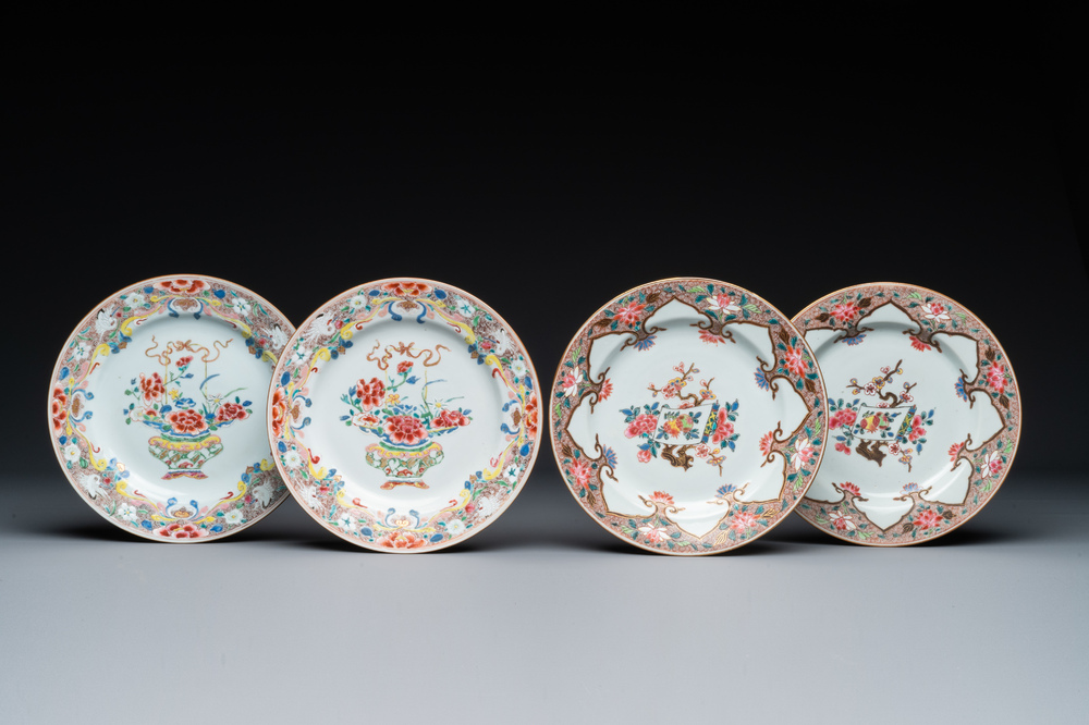 Four Chinese famille rose plates with floral design, Qianlong
