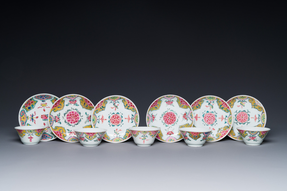 Five Chinese famille rose cups and six saucers with floral decor, Yongzheng/Qianlong
