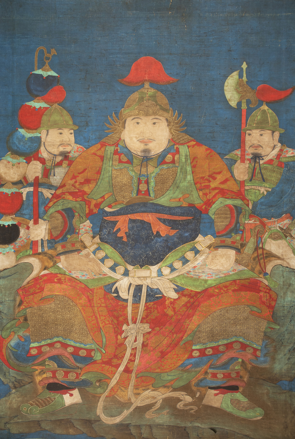 Chinese school: 'Portrait of a general with two servants', ink and colour on silk, Ming or later