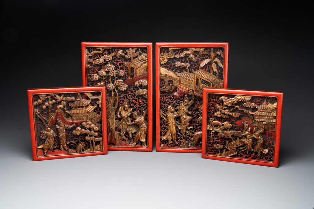 Two pairs of Chinese carved, lacquered and gilt-decorated wooden panels with figural design, 19th C.
