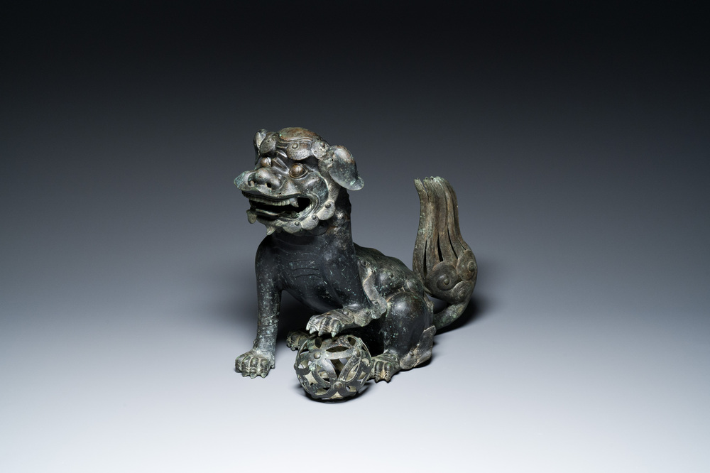 A large Chinese bronze 'Buddhist lion' censer, Ming