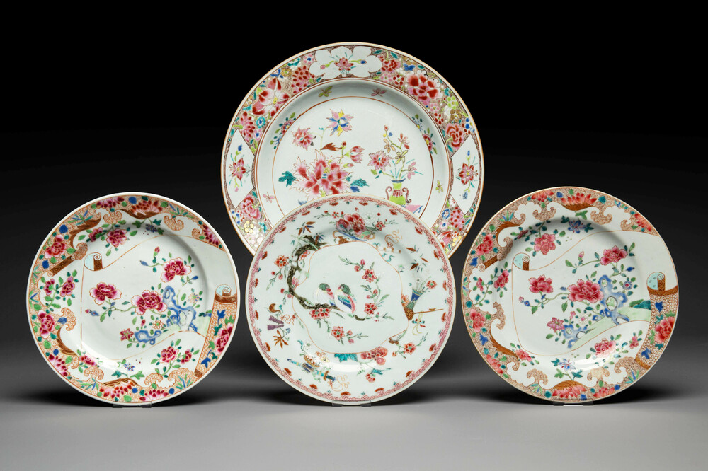 A Chinese famille rose dish and three plates, Qianlong