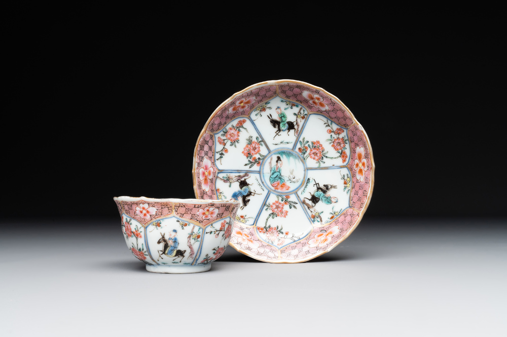 A Chinese famille rose cup and saucer with figures and animals, Yongzheng