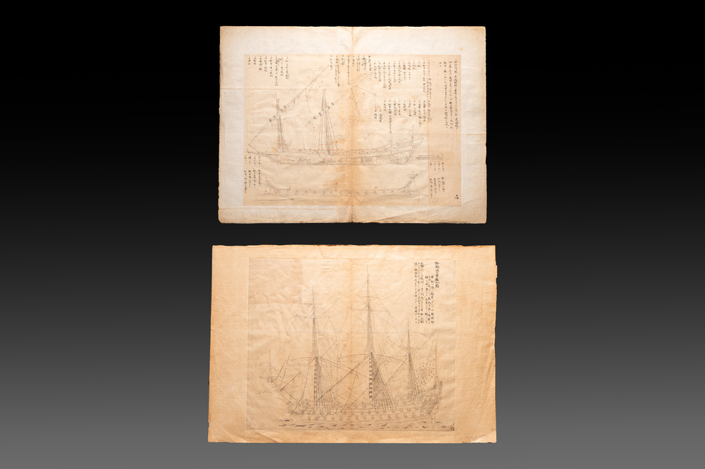 Two Japanese ink drawings of French warship structure diagrams, 19th C.