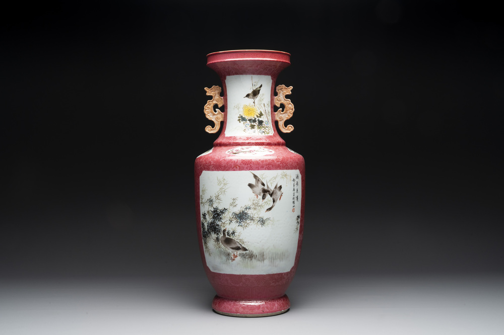 A Chinese ruby-ground famille rose vase, signed Deng Xiaoyu 鄧肖禹, 20th C.