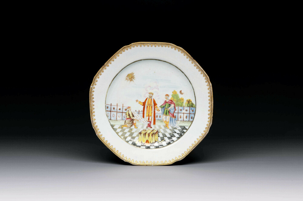 A Chinese export famille rose 'Building of the Temple of Solomon' plate, Qianlong, ca. 1760