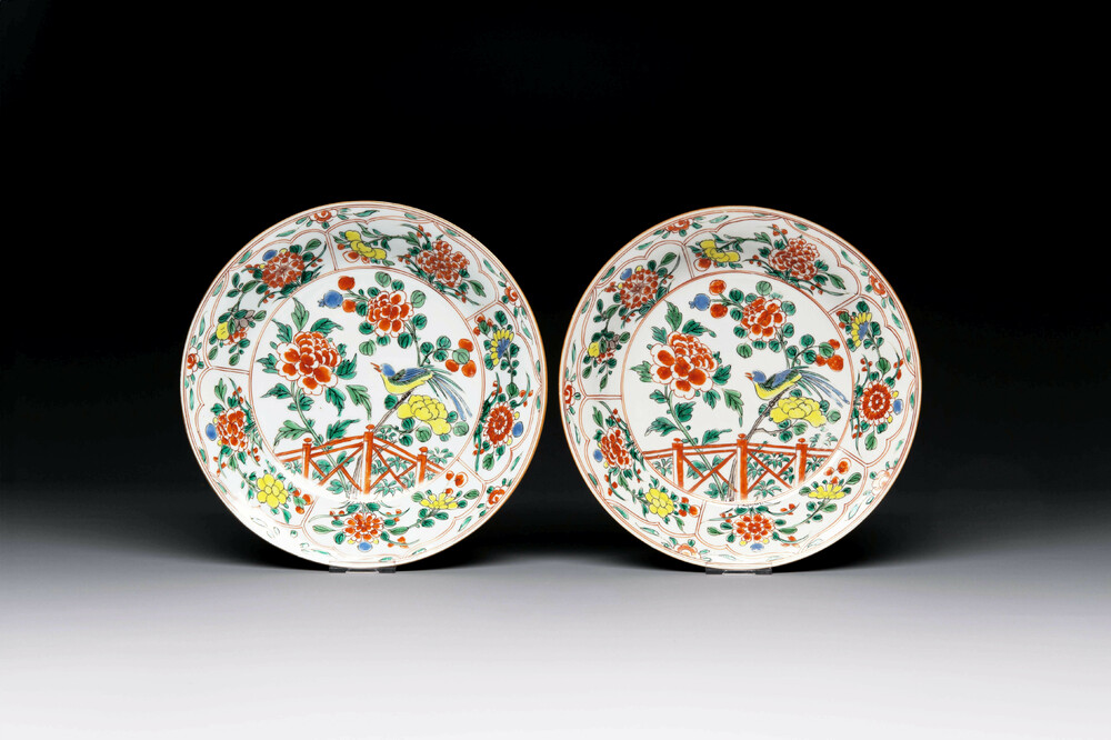 A pair of Chinese famille verte 'bird and peonies' plates, Kangxi