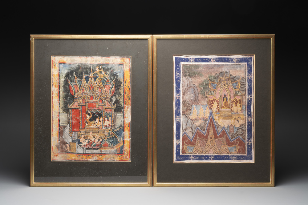 Thai school: 'Two votive scenes', ink and colour on canvas, 19th C.
