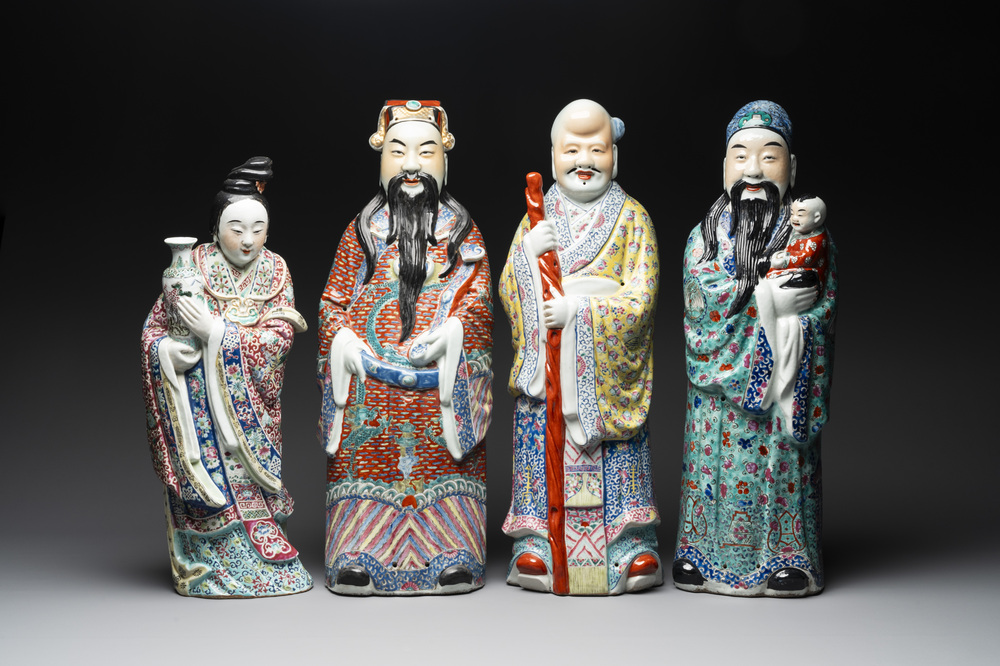 Three Chinese famille rose figures of star gods and a lady, Zhu Mao Ji Zao 朱茂記造 mark, Republic