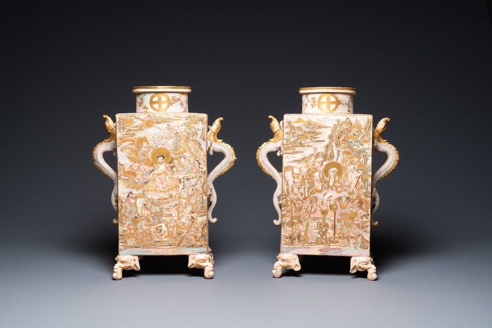 A pair of Japanese Satsuma 'Shimazu Mon' vases on elephant-form feet, Meiji, 19th C.