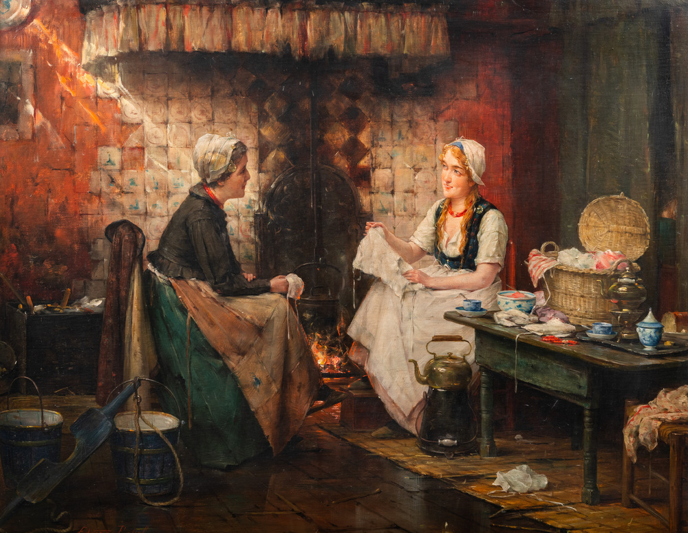 Edward Portielje (1861-1949): Seamstresses in a kitchen, oil on canvas, signed