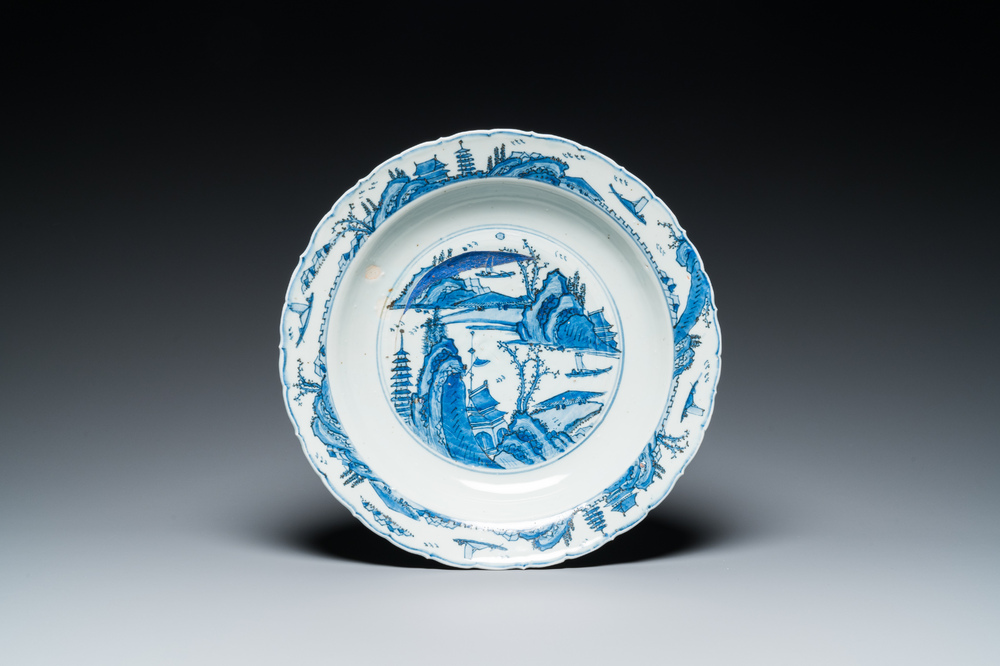 A fine Chinese blue and white 'mountainous landscape' dish, Jiajing