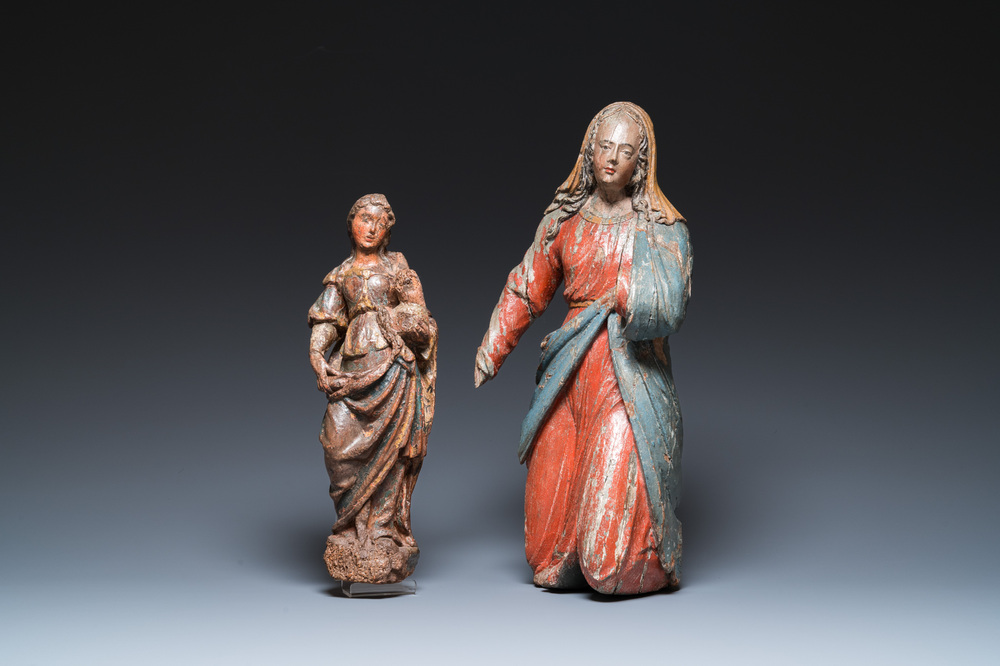 Two polychromed wooden sculptures of Mary, France, 16th C.