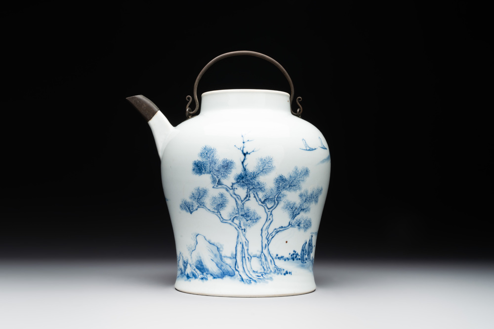 A fine Chinese blue and white 'Bleu de Hue' 'landscape' ewer with bronze mount, Chenghua mark, 18/19th C.
