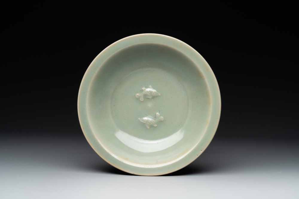 A Chinese Longquan celadon 'twin fish' plate, Yuan/Ming