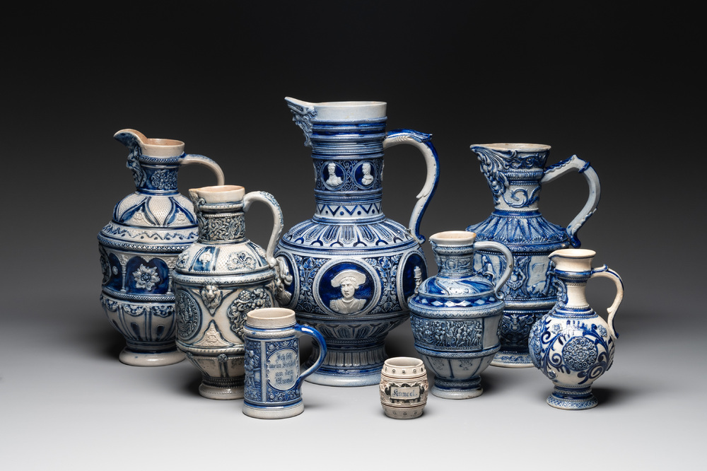 A varied collection of 8 Westerwald stoneware jugs, 19th C.