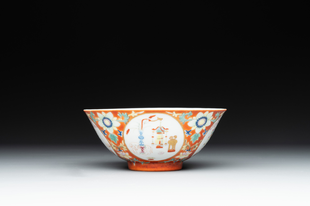 A Chinese famille rose coral-red-ground 'antiquities' bowl, Yongzheng mark, Republic