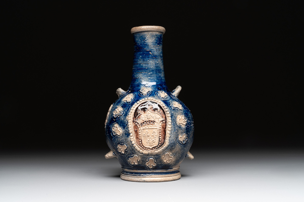 A Westerwald stoneware pilgrim's flask with the coat of arms of France, Germany, 17th C.