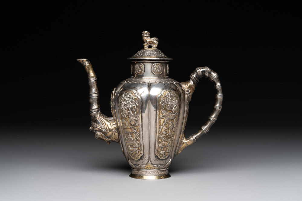 A Chinese parcel-gilt silver wine ewer for the Peranakan or Straits market,  Xuan Huang Hao 炫煌號 and An Yi Zao 安益造 mark, 19/20th C.