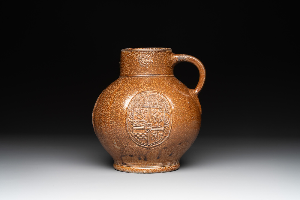 A globular stoneware jug with three coat of arms medallions, Germany, 16th C.