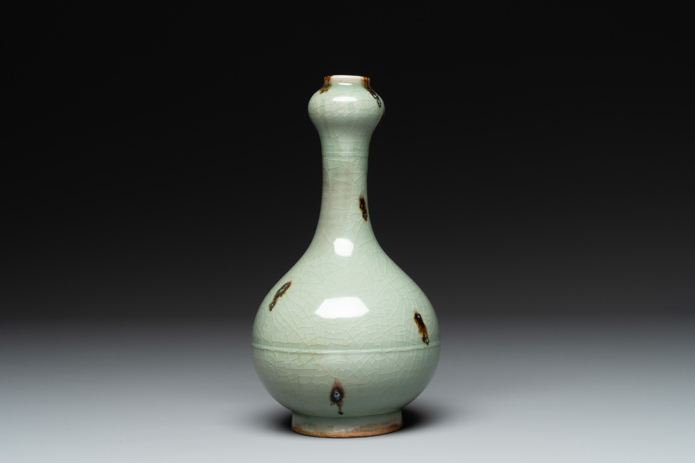 A Chinese russet-splashed Longquan celadon garlic-mouth vase, Yuan/Ming