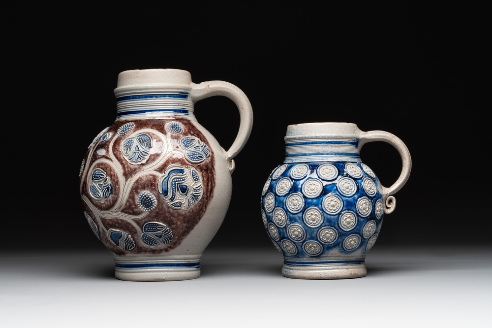 Two globular Westerwald stoneware jugs, Germany, 17/18th C.