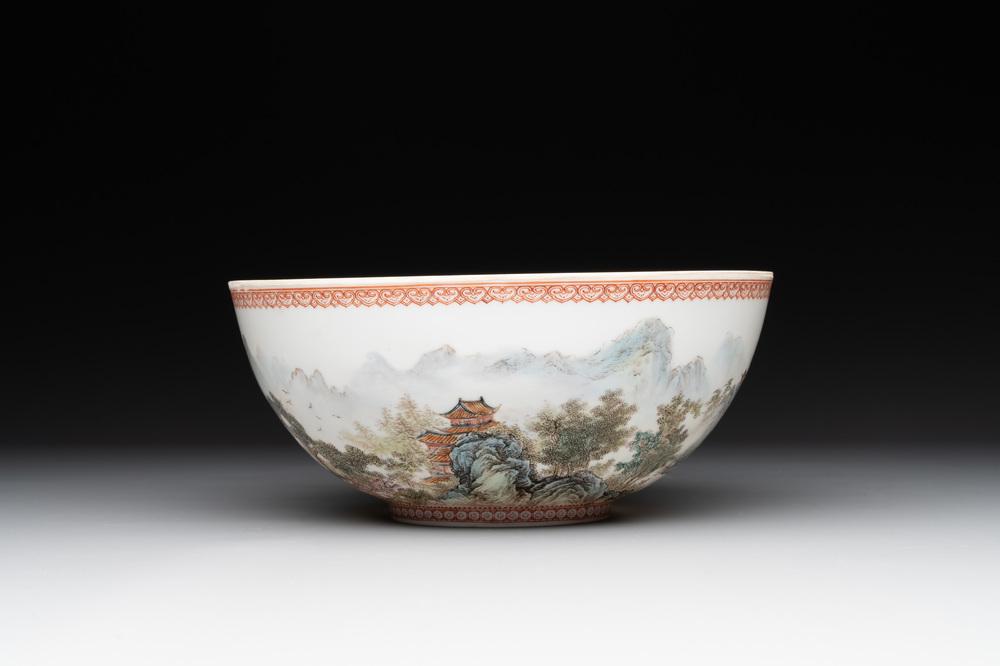 A Chinese famille rose eggshell 'landscape' bowl, signed Zou Guojun 鄒國鈞, Jing De Zhen Zhi 景德鎮制 mark, dated 1959