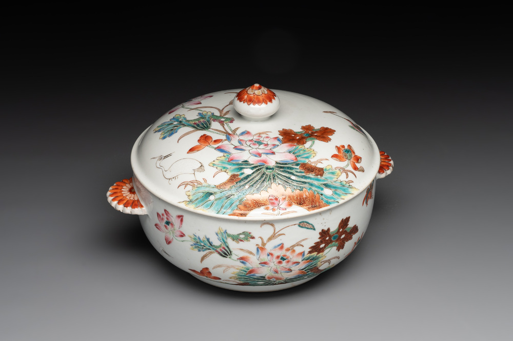 A Chinese famille rose 'heron and lotus' tureen and cover, Qianlong