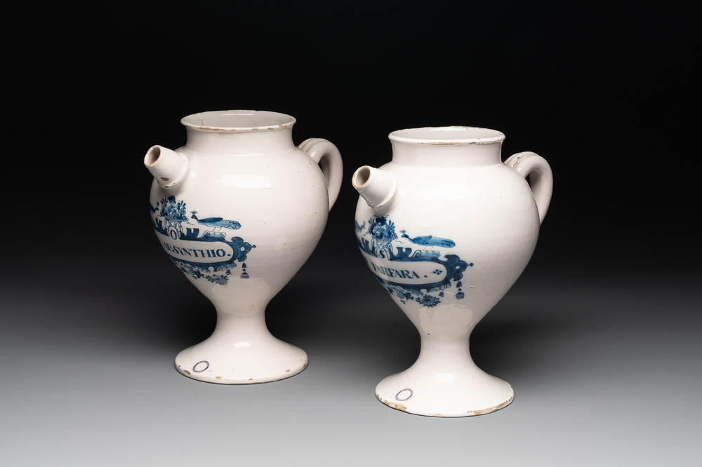 A pair of Dutch Delft blue and white wet drug or syrup jars inscribed 'DE ABSYNTHIO' and 'DE FARFARA', 18th C.