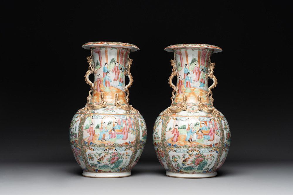 A pair of Chinese Canton famille rose vases with narrative design, 19th C.