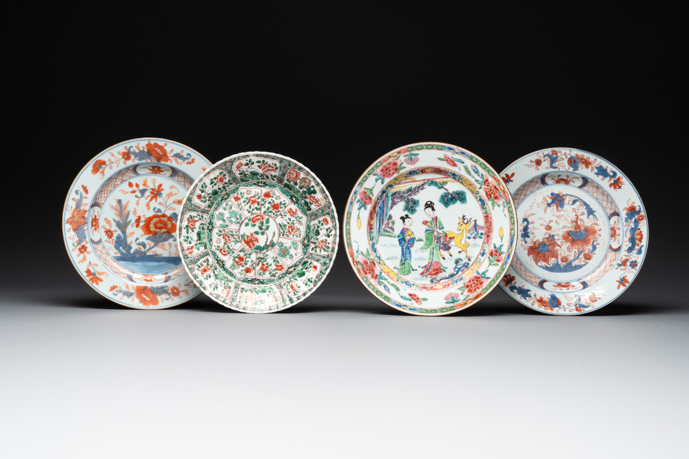 A Chinese famille rose 'Magu' plate, a famille verte plate and two Imari-style plates with floral design, Kangxi/Yongzheng