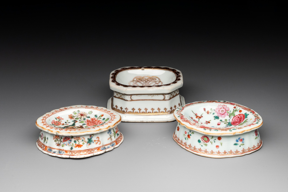 A rare Chinese crown-monogrammed salt and two fine famille rose salts, Qianlong