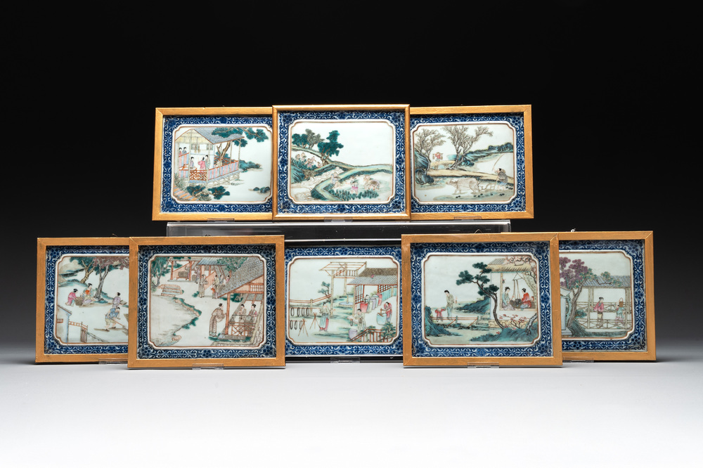 Eight Chinese famille rose 'rice and silk production' plaques, Republic