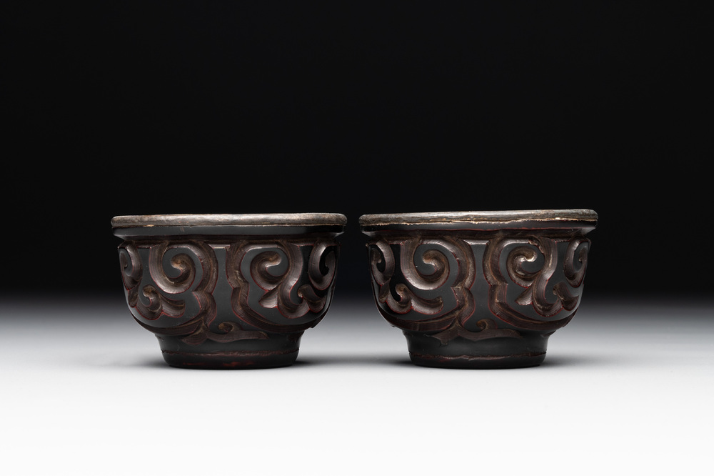 A pair of Chinese silver-lined tixi lacquer cups, Ming