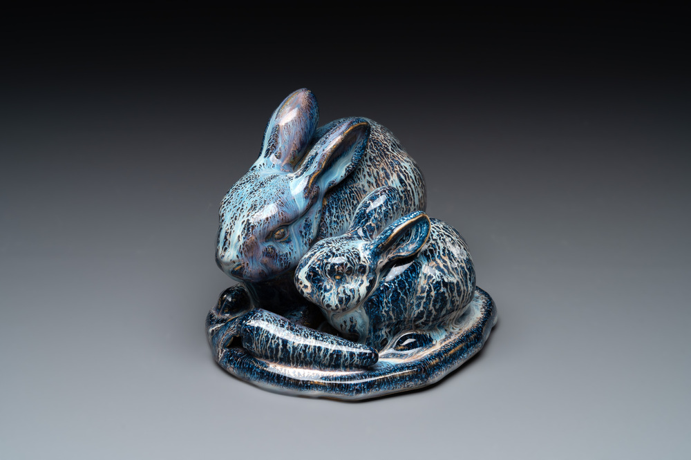 A Chinese Shiwan flamb&eacute; group of two rabbits, Cao Wenxuan 曹文選 and Jing De Zhen Zhi 景德鎮制 seal marks, 1st half 20th C.