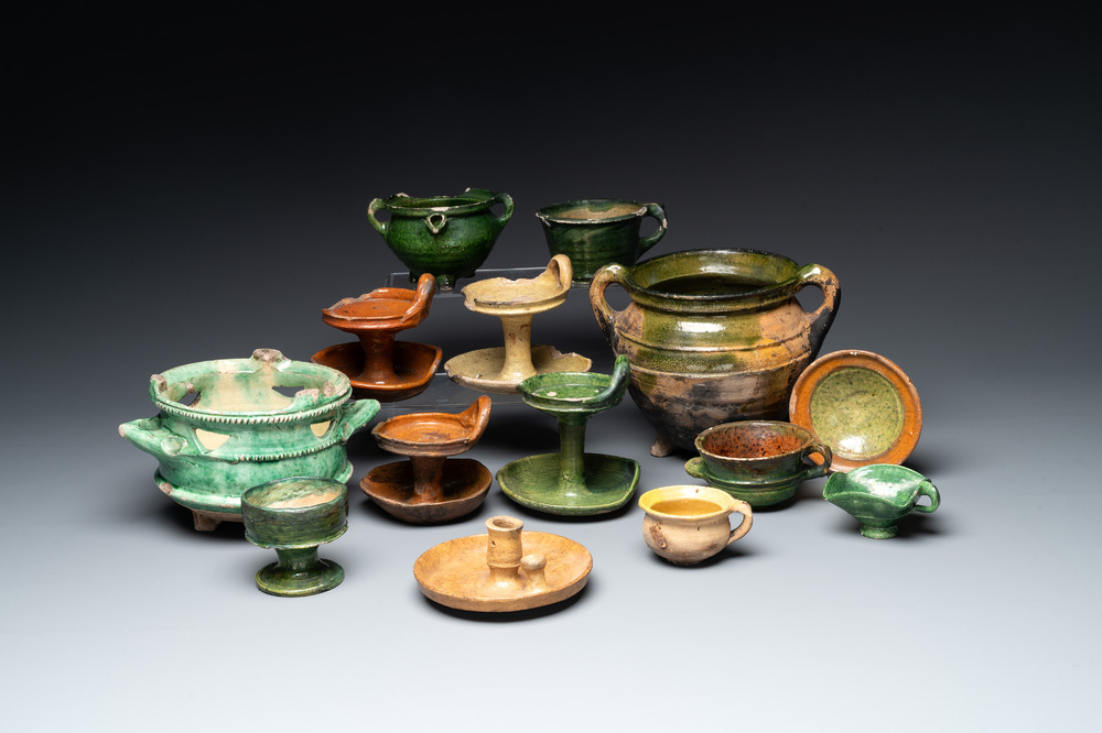 14 green, yellow and brown-glazed pottery wares, Western Europe, 16th C. and later