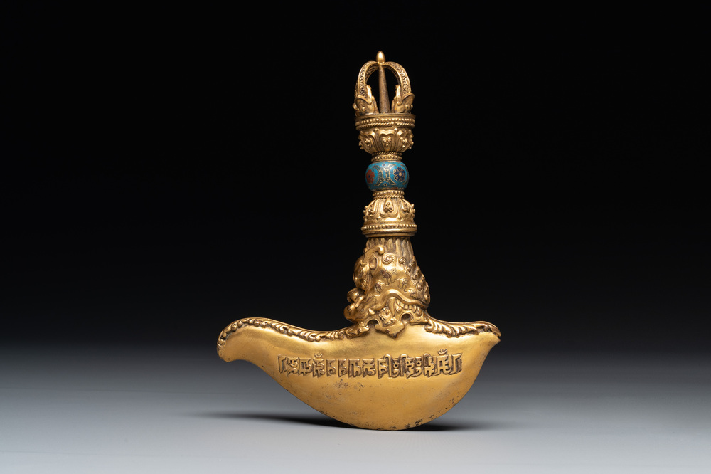 A Sino-Tibetan gilt copper and cloisonn&eacute; vajra kartika with inscriptions, 19/20th C.