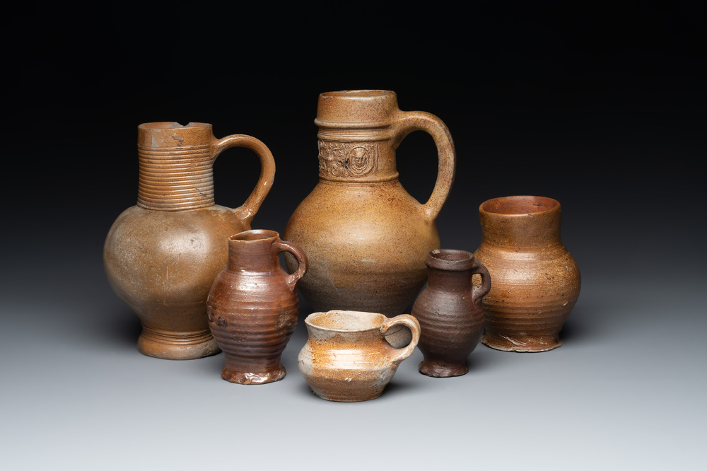 Six German stoneware jugs and mugs, 15/16th C.