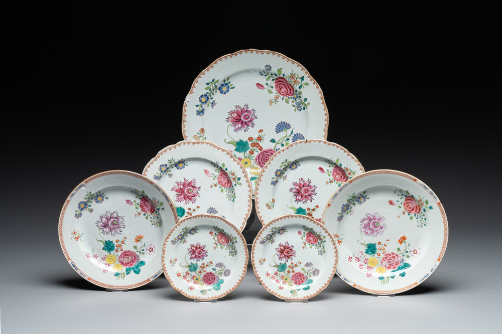 A collection of seven Chinese famille rose plates and dishes with floral design, Qianlong