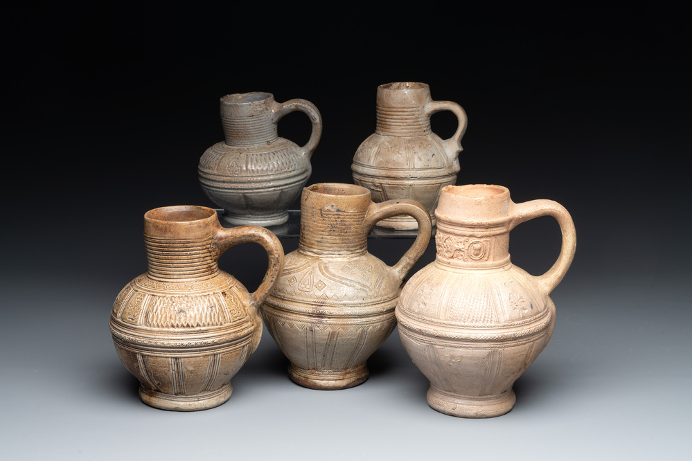 Five Siegburg stoneware jugs, 16th C.
