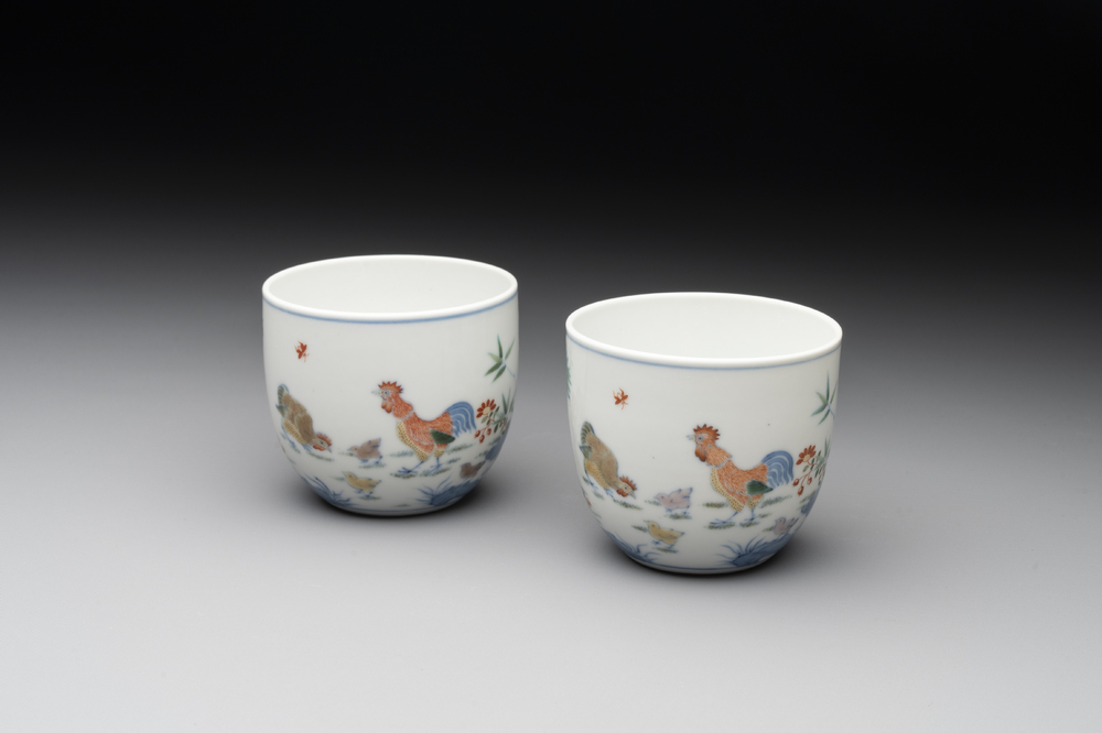A pair of extremely rare imperial Chinese doucai 'chicken' cups, Chenghua mark, Yongzheng/Qianlong