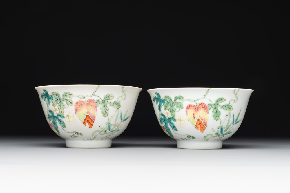 A pair of imperial Chinese famille rose 'balsam pear' bowls, Jiaqing mark and of the period